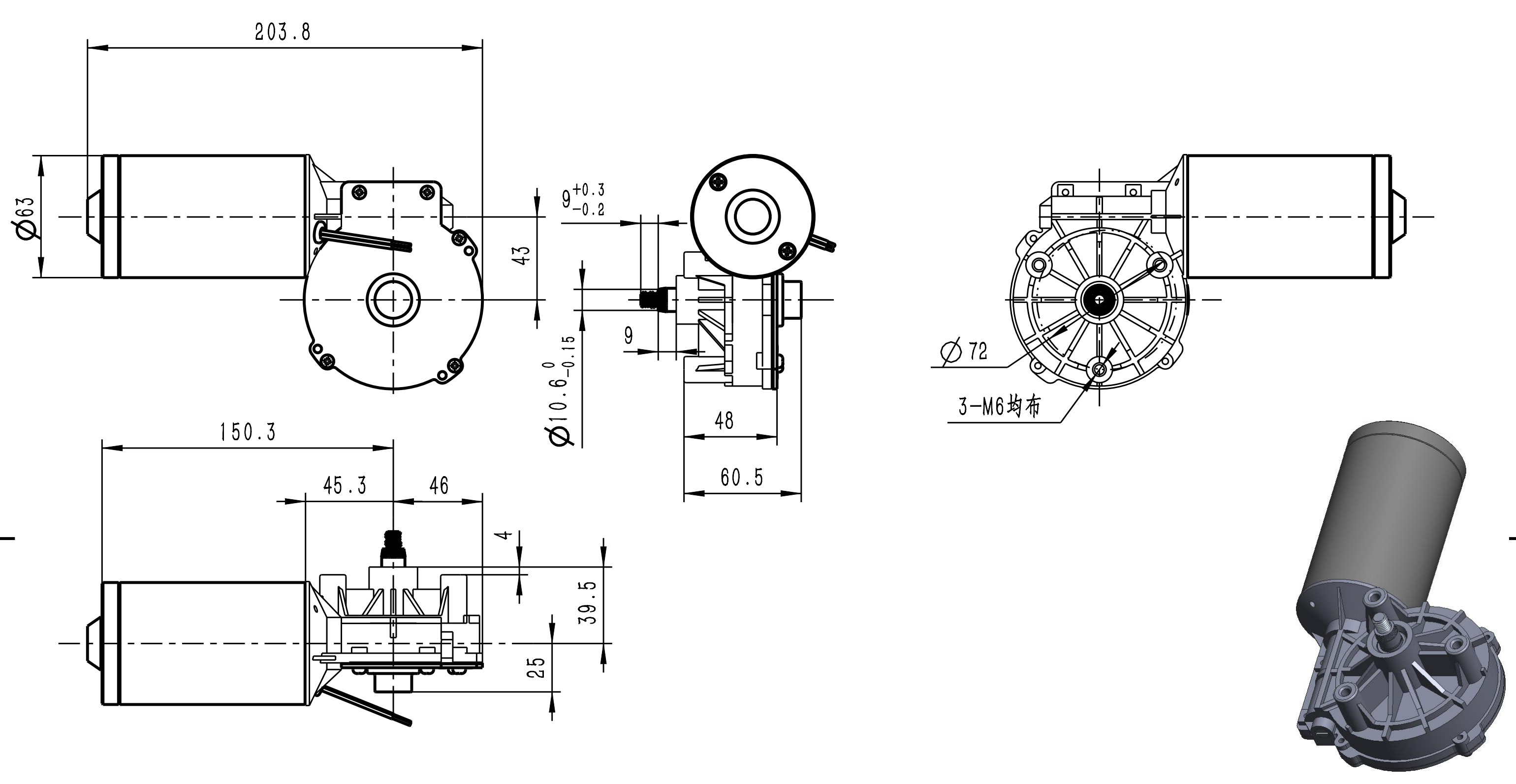 92WG63105-XXX-55K 1:55 Reduction Ratio Worm Gearbox Motor 24v 68rpm