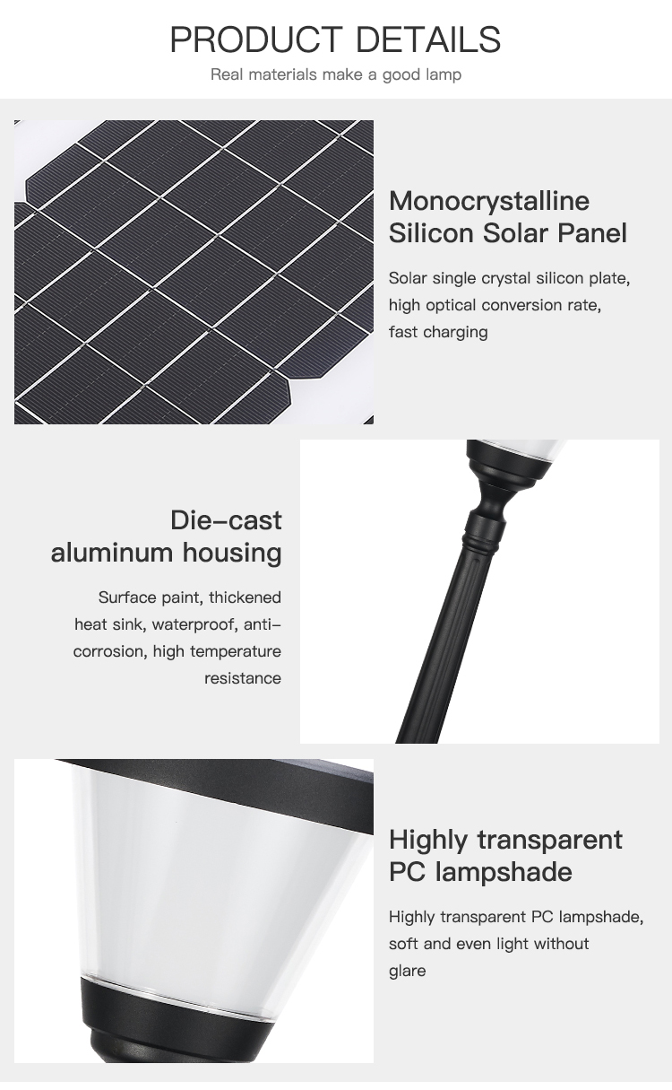 Optically Controlled LED Garden Solar Light Dustproof Aluminum PC Material with Mono cell solar panel