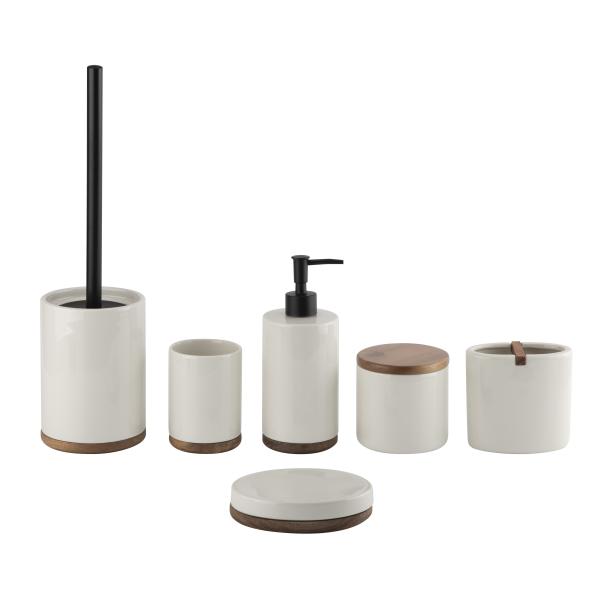 Buy cheap Round shape ceramic bathrooom accessories with wooden base cream color ceramic soap dispenser from wholesalers