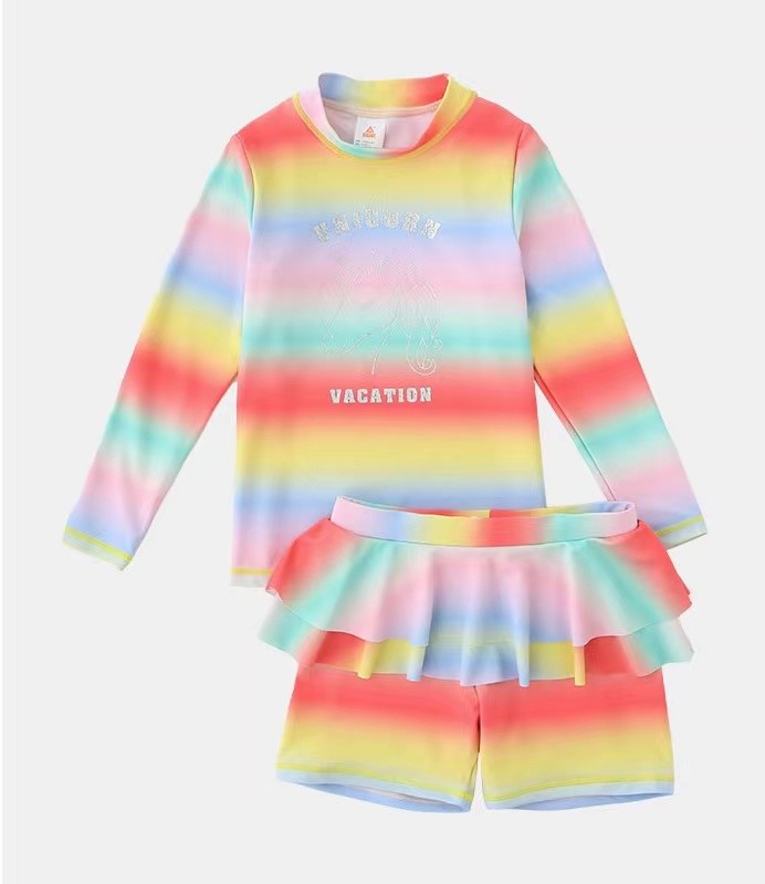 Rainbow Printed Girls' Swimming Suit Bikini Girl Swimming Skirt With Cap Summer Bikini