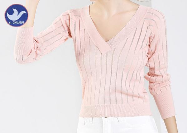 Buy cheap Vertical Transparent Stripes Womens Knit Pullover Sweater Pink Double V Neck Top from wholesalers