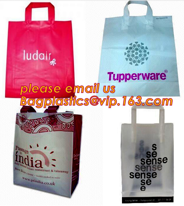 Custom Printed Stand Up Block BottomSoft Loop Handle Plastic Carrier Shopping Bag，Plastic Soft Loop Handle Bag for Shopp