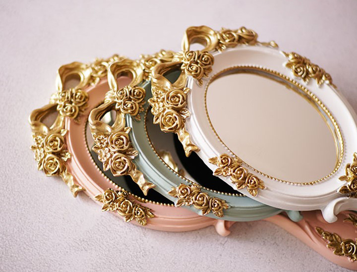 Functional Wood Glass Vintage Handheld Makeup Mirrors Portable Retro Mirror for Girls