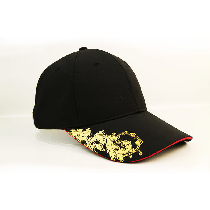 Gold Print On Both Sides Black Sport Cap , 6 Panel Baseball Custom Logo