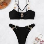 Split Ladies Black Swim Suit Nylon Ring Buckle 2 Piece Bathing Suits Sexy