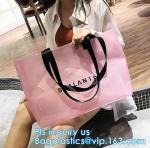 Semi-clear Tote Bags Stripe PVC Shoulder Bag with Pouch, PVC PU Trendy Handbag