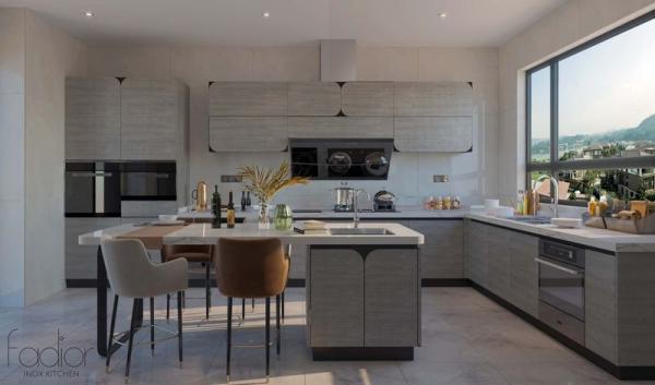 Buy cheap Fadior Stone Texture Stainless Steel U-Shaped Kitchen With Curved Doors Design from wholesalers