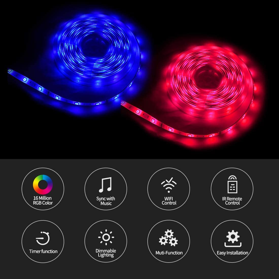 180LEDS 10M RGB 5050 Led Strip Light with TUYA WIFI Control 24Key IR Remote and Music Sync PCB Width 10mm