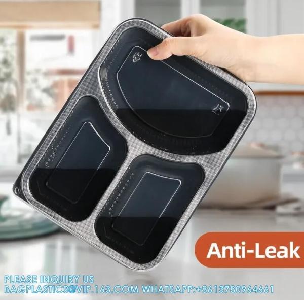 Packaging 3 Compartments Takeout Boxes Black Microwave Plastic Lunch Box Food