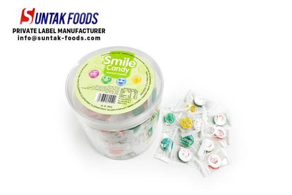 Buy cheap Bottle packing two layers colors sour fruity flavors smile candy from wholesalers
