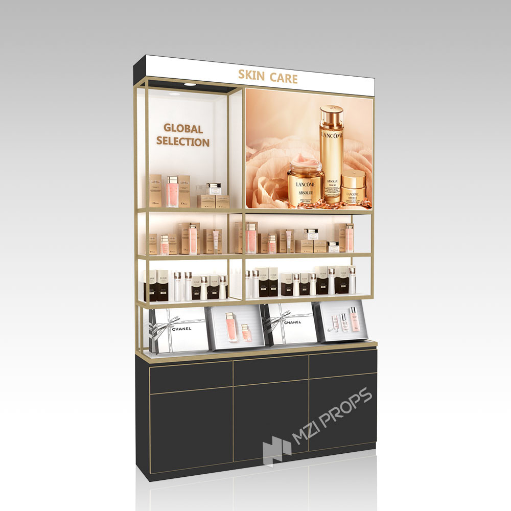 DYaS-VK-2-1 Skincare Display Cabinet with White LED Strips and Gold Edge Trimming