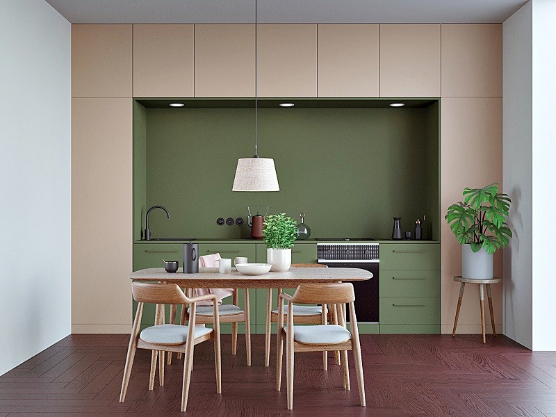 Modern Modular Kitchen Cabinets In Wood Finish Black Stone Countertop With Fireplace And Sink