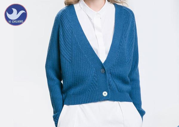 Buy cheap Acrylic Wool Womens Knit Cardigan Sweaters , Blue Long Sleeve Cardigan Sweater from wholesalers