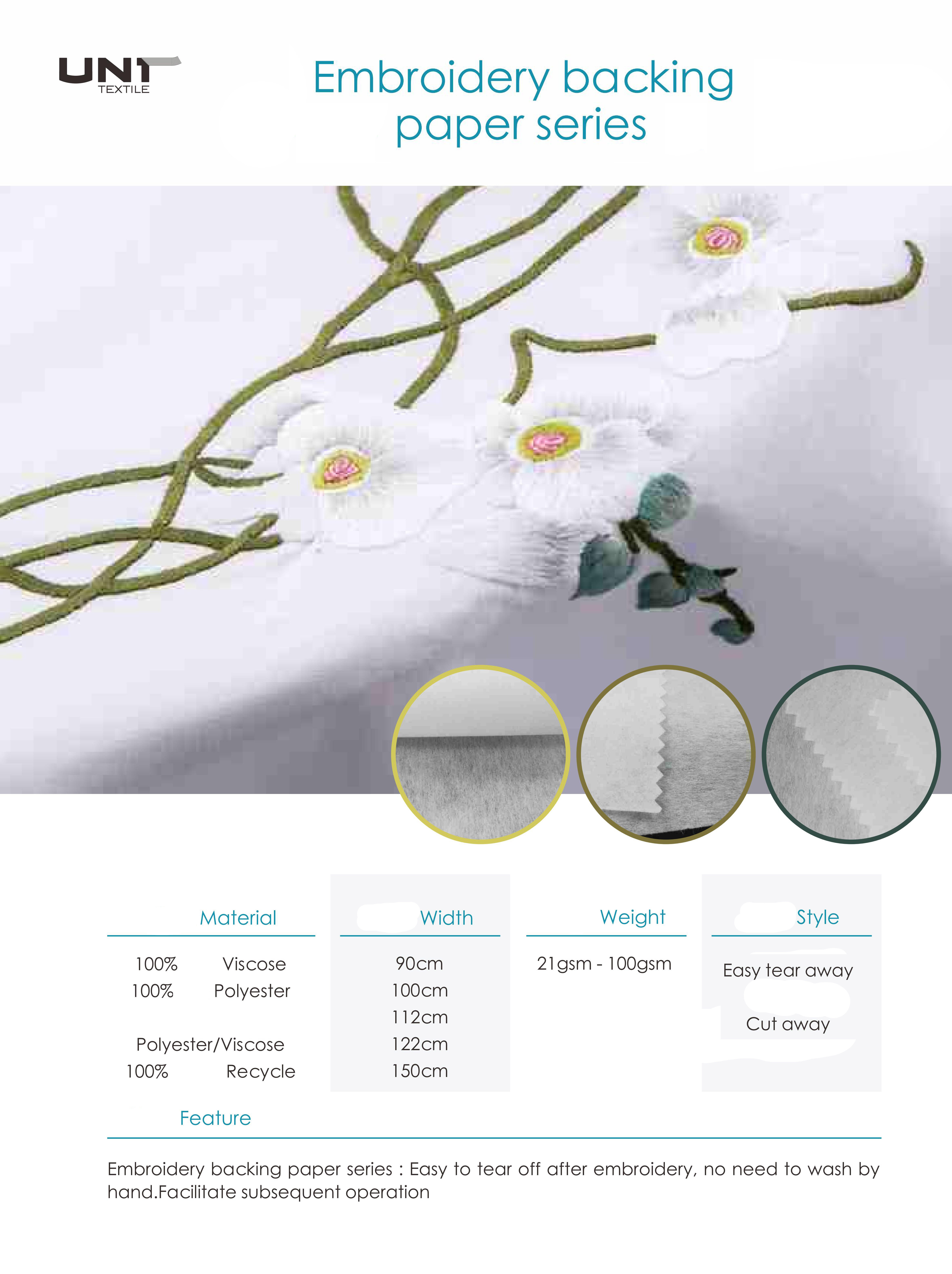 Nonwoven Embroidery Backing Fabric Polyester Mixed Viscose Easy Tear Away