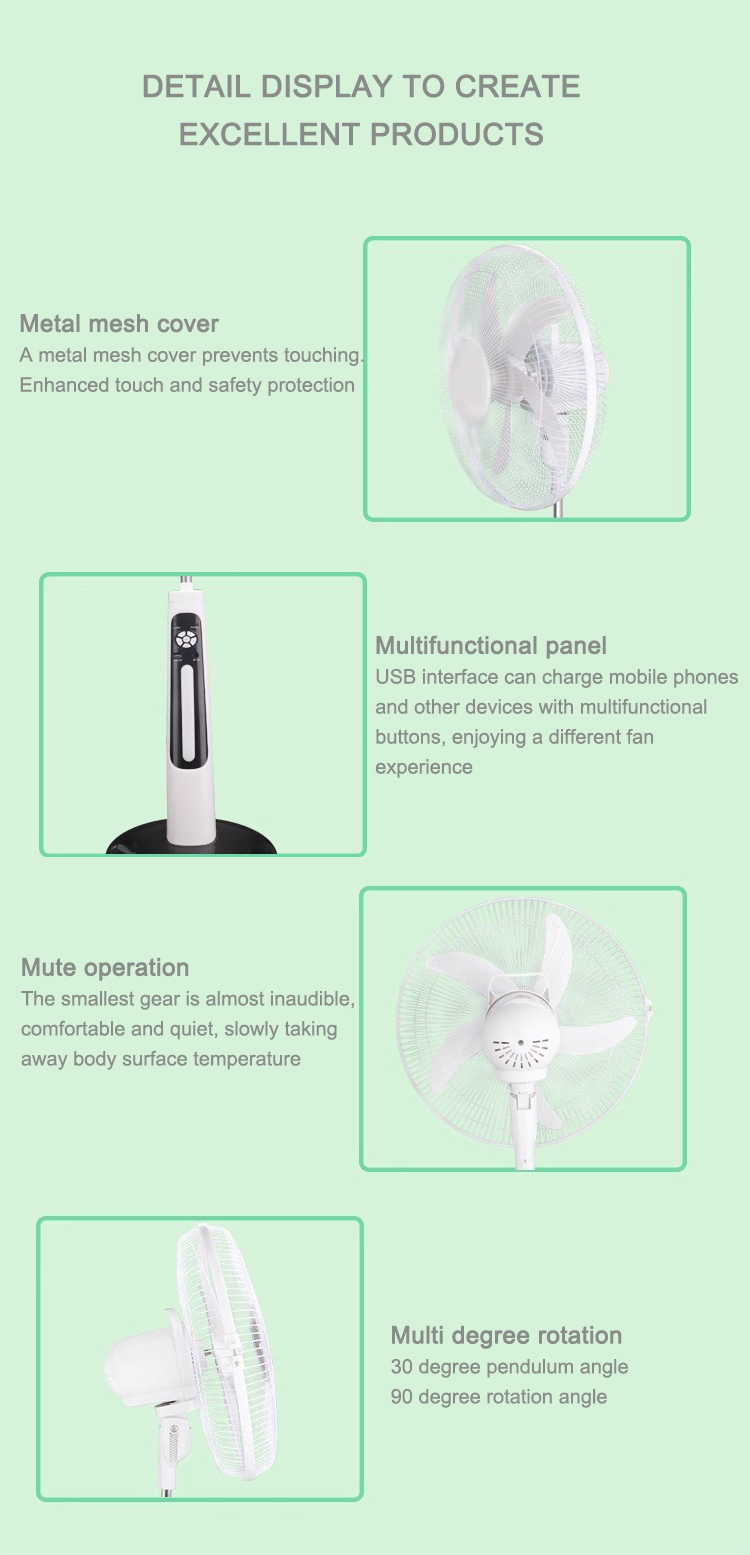 16/18 Inches AC DC 12V Charging 5 Blade Rechargeable Solar Stand Fan with Panel and Battery Solar Fan