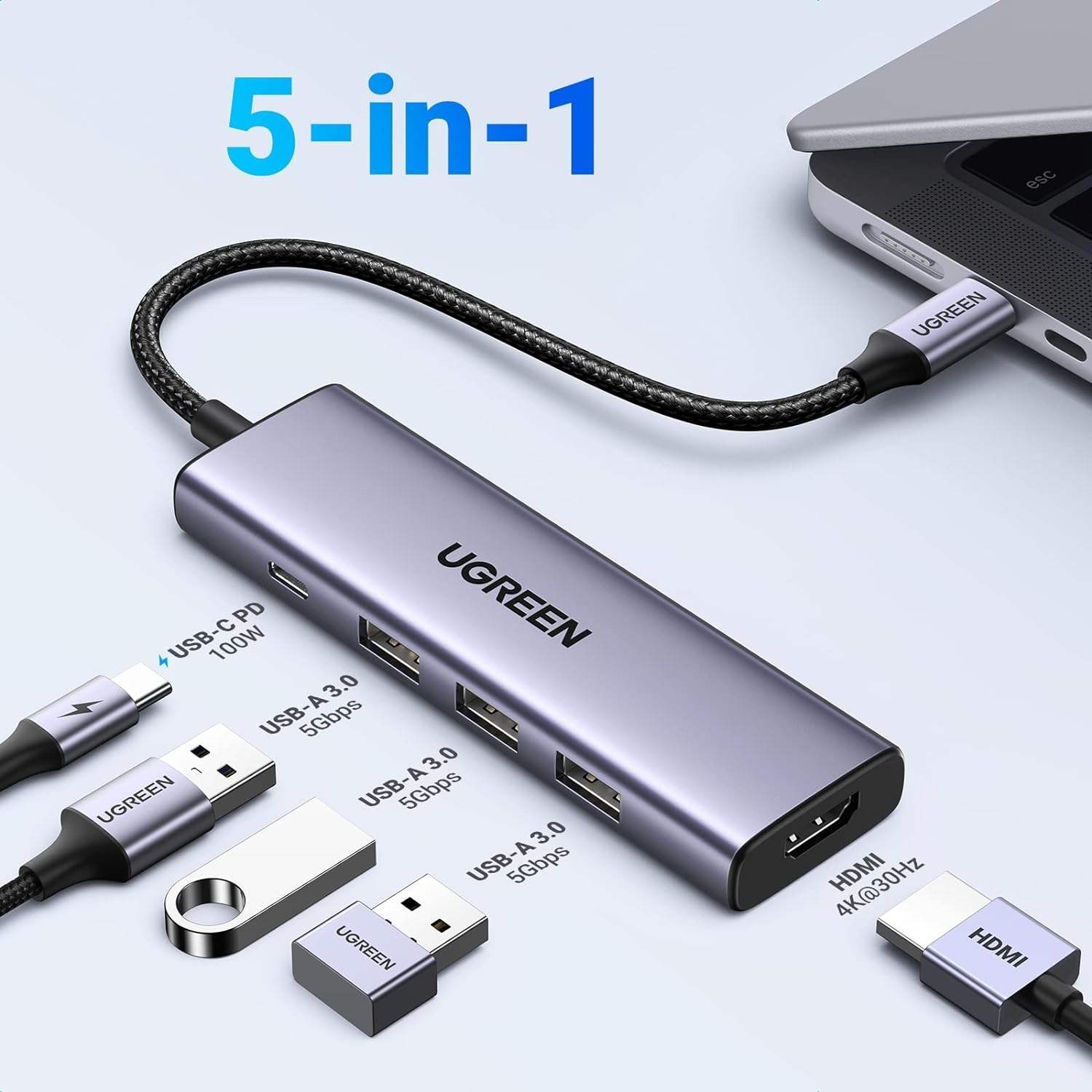 5 In 1 USB C Multiport Hub 100W 5Gbps USB C Dongle For MacBook Pro
