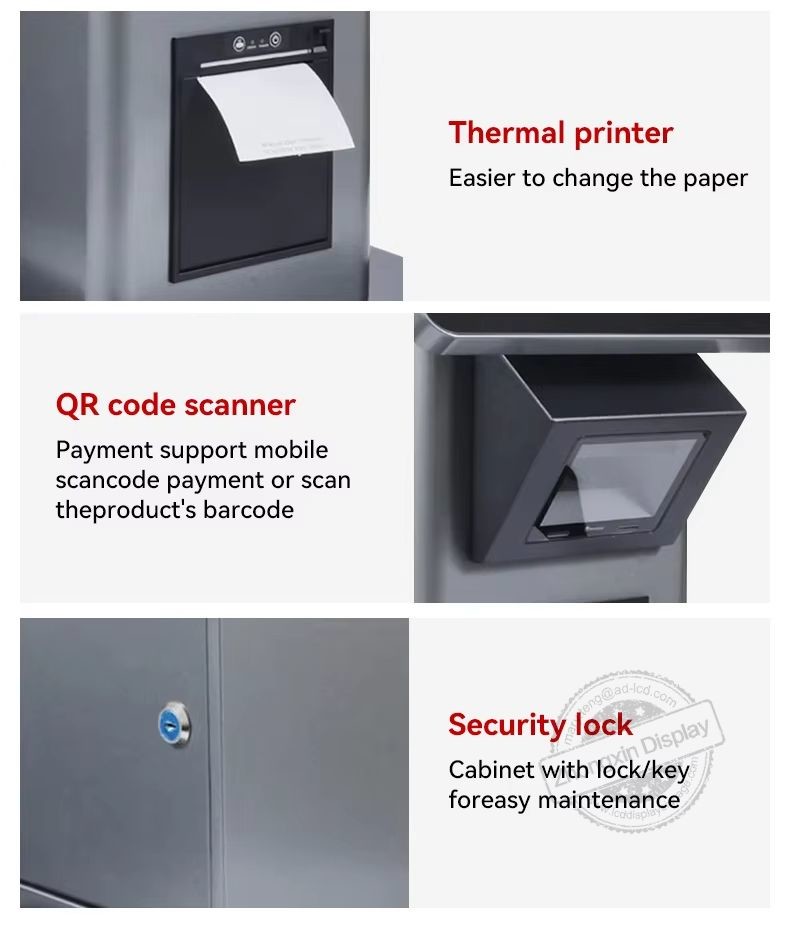 Commercial Standing Android Fast Food Restaurant Touch Screen Kiosk With Pos Barcode Scanner Ticket Printer Options
