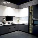 L Shaped PET Modern Kitchen Cabinet White And Grey With Pull Out Storage Basket