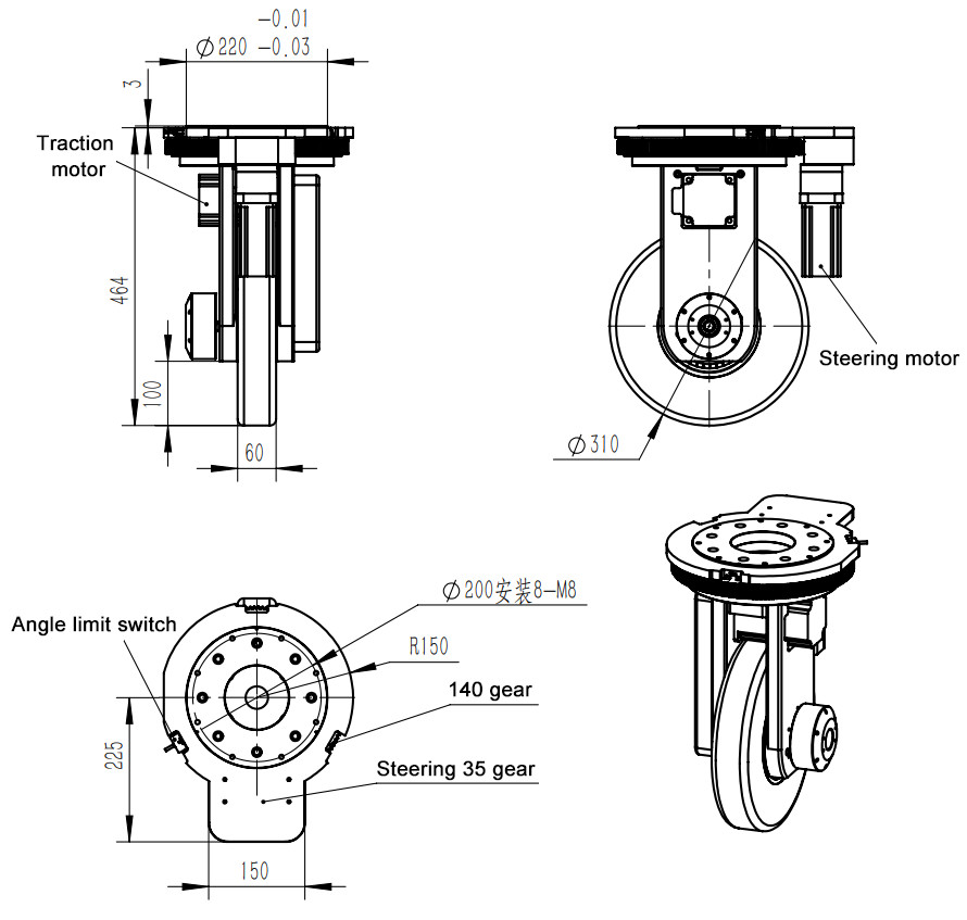 Brushless AGV / Forklift Drive Wheel , 1500W 1T Vertical Steering Wheel