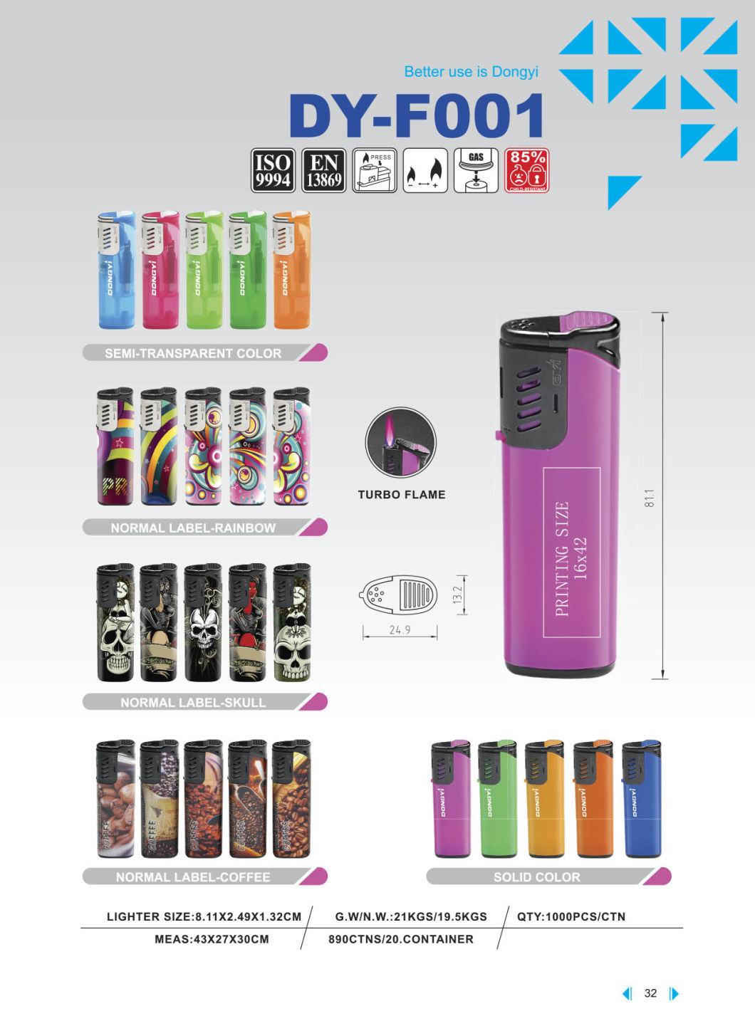 Dongyi High Quality Windproof Gas Lighter EUR Standard with ISO9994 Dy-F001