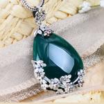 Vintage Jewelry 925 Silver Marcasite Drop Green Agate Pendant Necklace 18 Inches