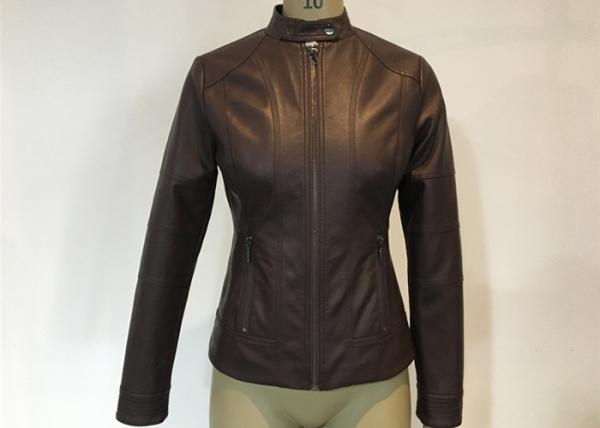 Buy cheap Oxblood Symmetrical Ladies PU Jacket Slim Womens Burgundy Pleather Jacket from wholesalers