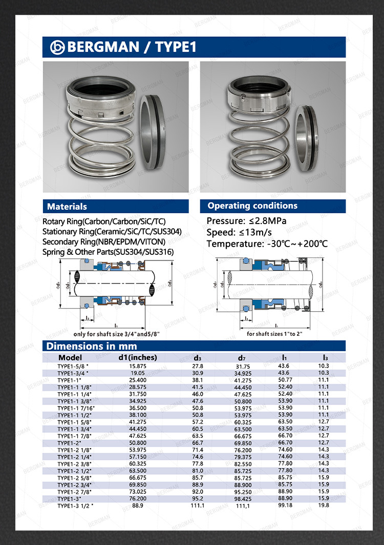 BERGMAN TYPE/T2 FBD Inch Graphite Silicon Carbide Tungsten Carbide Nitrile Viton EPDM Pump Mechanical Seal