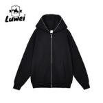 Zip Up Heavyweight Cotton Hoodie Cropped Winter Polyester Solid Male Black