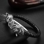 Hot Sales PU Leather Stainless Steel Double Wolf Heads Bracelet