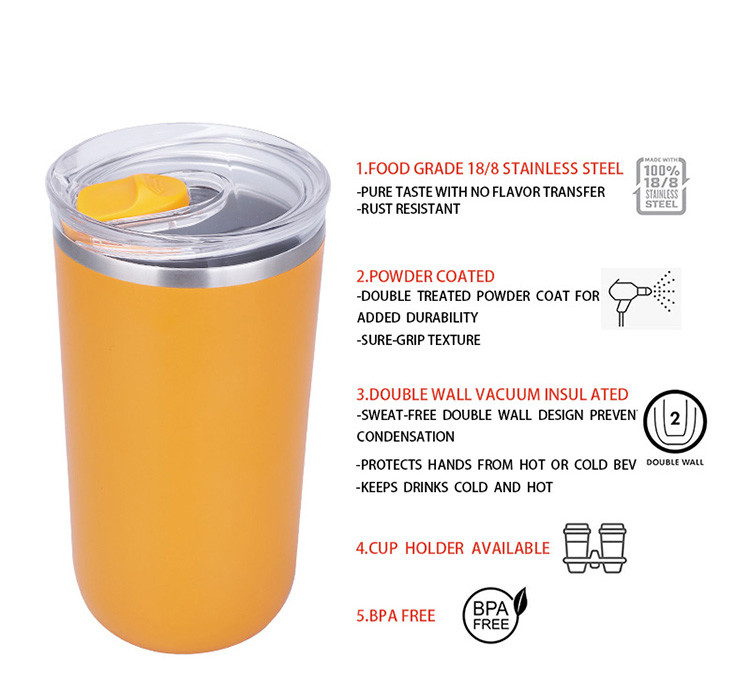 16 Oz Stainless Steel Coffee Mug With Lid And Metal Vacuum Straw