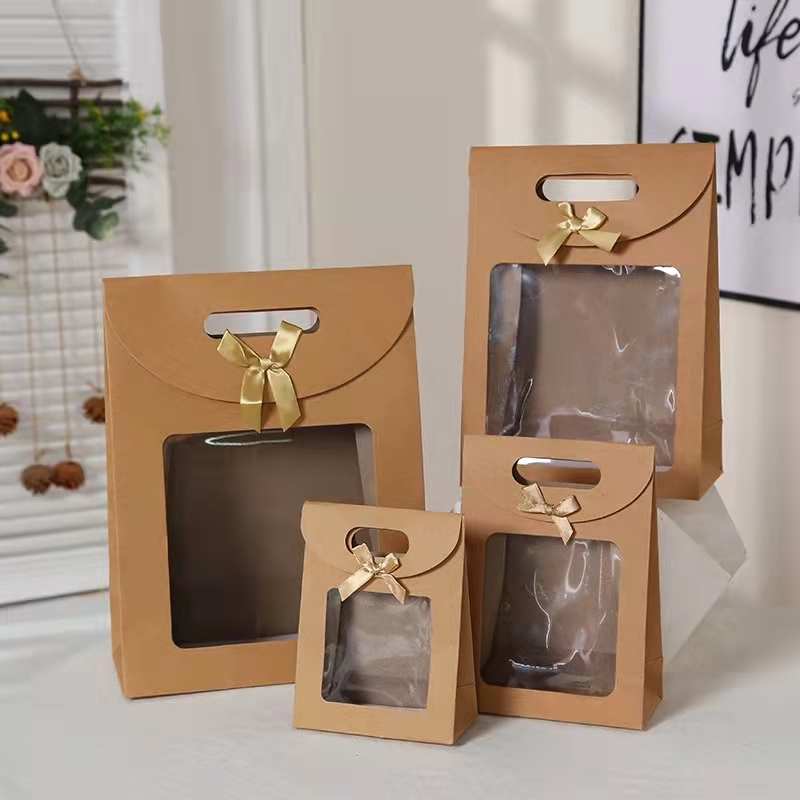 wholesale custom recycled flat bottom small food paper bag shopping packaging bag brown kraft paper bag with clear window