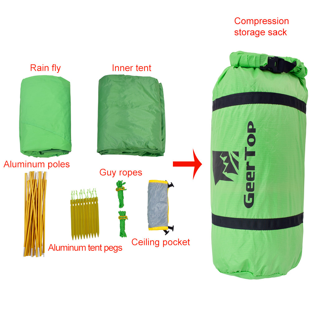 Outdoor Travel Waterproof Tent Tarps Aluminum Pole 4 Season 2 Person Green Camping Tent