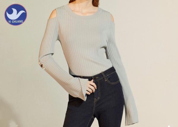 Buy cheap Crew Neck Gray Off The Shoulder Sweater Off Elbow Ribbed Big Stretch Top Soft Touch from wholesalers