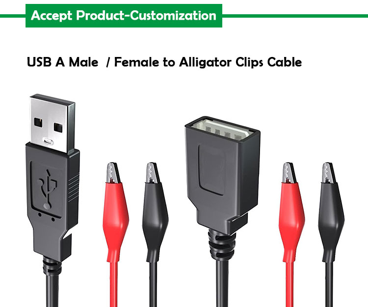 Male Female USB Connector to Dual Copper Crocodile Clamps Alligator Clips Test Leads Wire Adapter Cable for Electrical Circuit