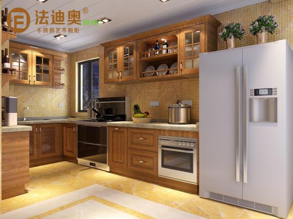 Buy cheap Fadior Wooden-Texture Stainless Steel Kitchen Cabinets With Glass Doors And Open Shelving from wholesalers