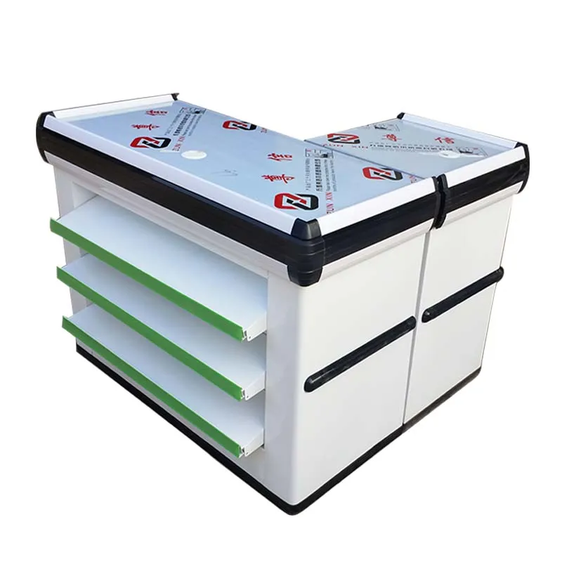 Eco Friendly Supermarket Cashier Desk Custom Logo Metal Material