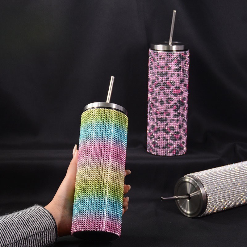 Personalized 20 Oz Plastic Water Bottle Bling Rhinestone Tumbler Water Bottle With Handle And Straw Screw Lids Double Wall Insulation