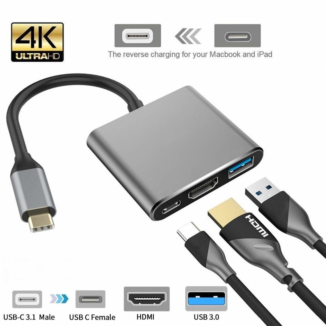 USB C to Digital Multiport Hub Adapter Type-C to 4K Adapter with USB 3.0 USB-C 3.1 for MacBook 12