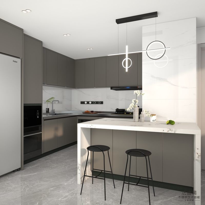 Fadior Brown Color Stainless Steel L-Shaped Kitchen Cabinets With Full-Height Design