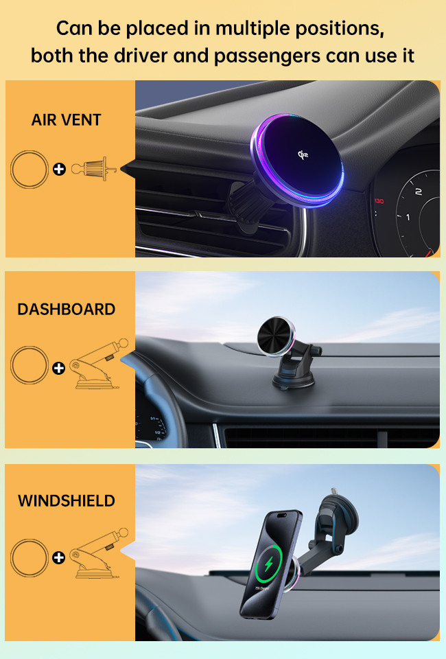 Stable And Versatile Iphone Car Charger With Magnetic Wireless Charging And RGB Light Customization