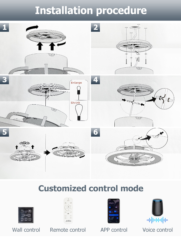 6 Speeds Adjustable Ceiling Fan Hidden Blades Remote Control LED Light Source 1stshine