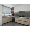 Buy cheap Modern U-Shaped Wood Grain Stainless Steel Kitchen Cabinet With Vibrant Red Open Shelf from wholesalers