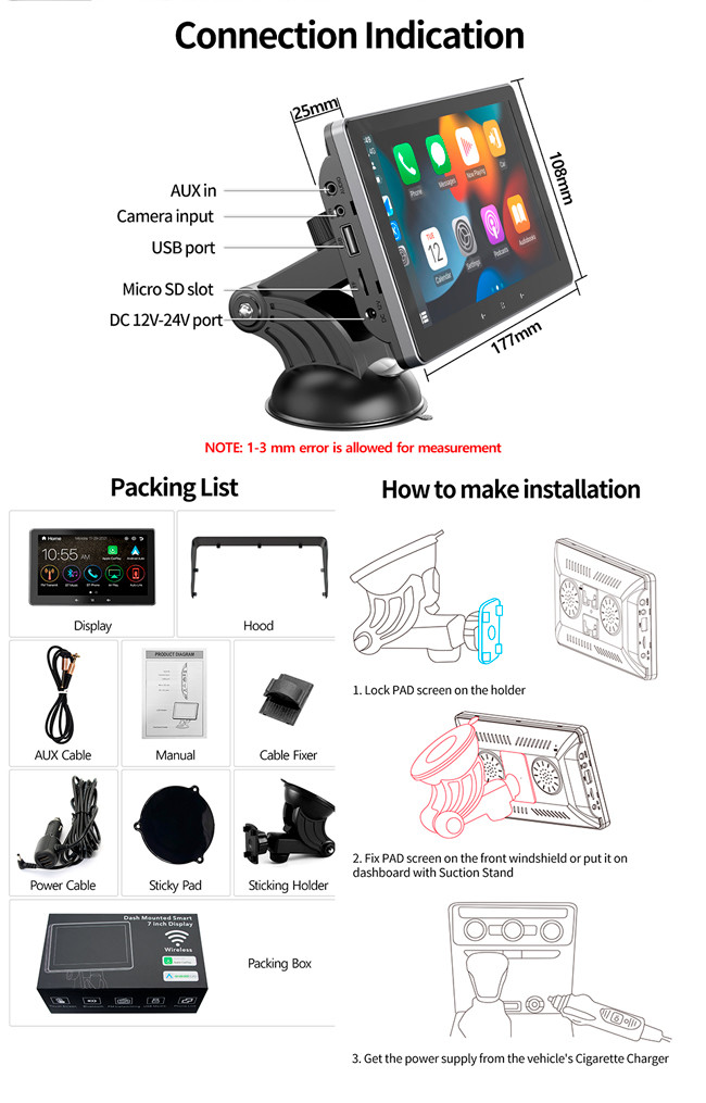 Linux System Portable Wireless Carplay Navigation Apple Carplay Bluetooth WIFI FM