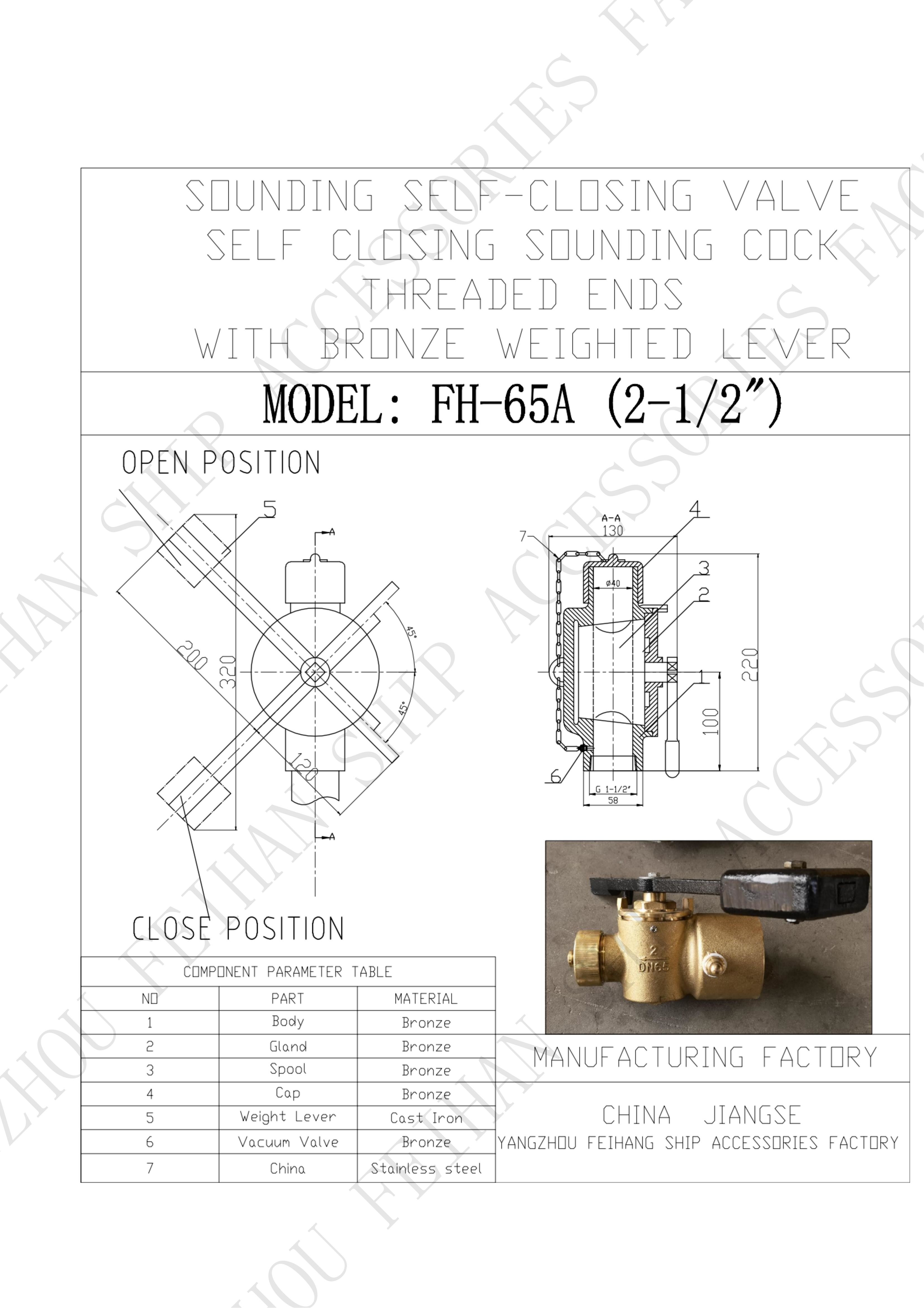 Technical Parameter For FH65 CB/T3778-1999 Bronze Self-Closing Valve Model