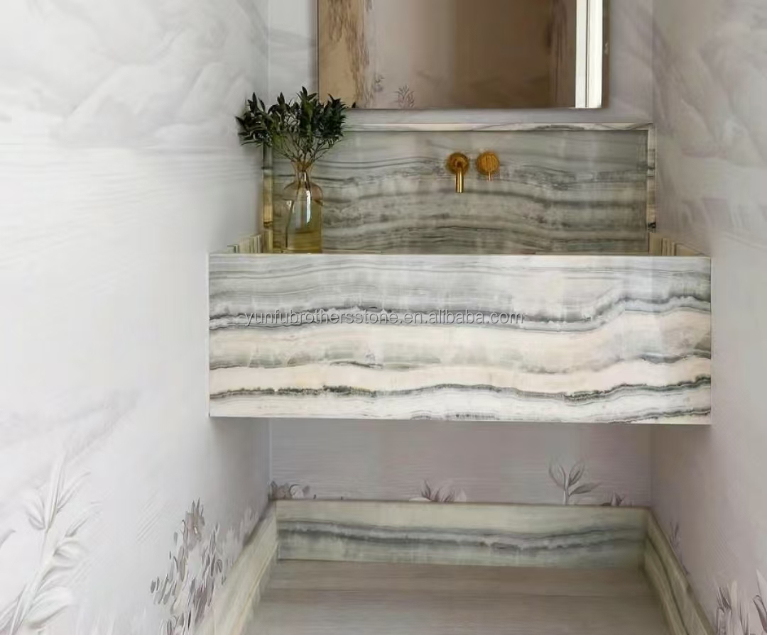 Hotel Bathroom Wall Panel and Vanity Basin with Sink Made of Natural Stone Onyx Marble