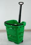 Green Plastic Hand Shopping Rolling Basket / Durable Supermarket Basket Cart