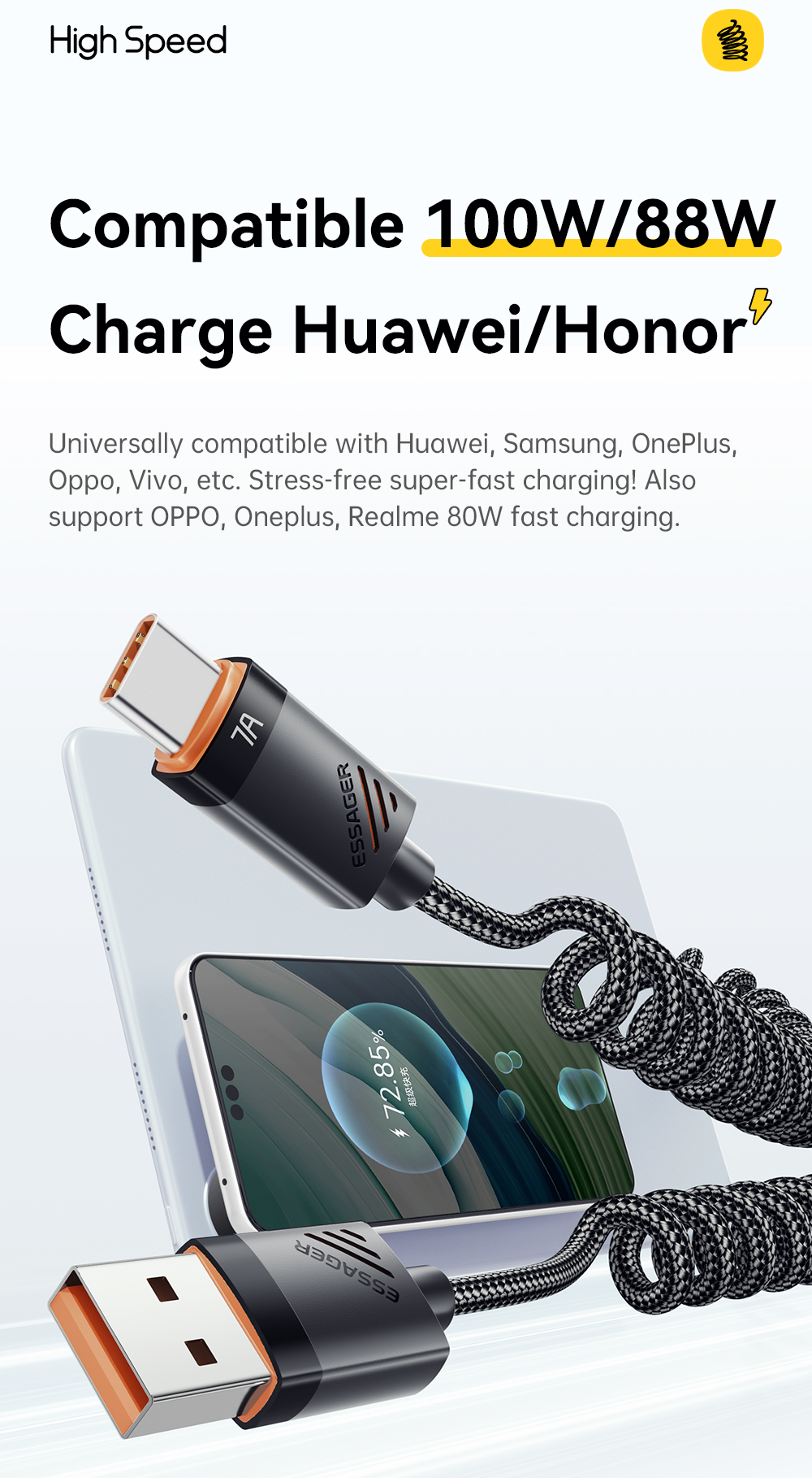 ESSAGER ES-X66 Spring Style Cable 100W 88W 7A USB Type C to USB Cable