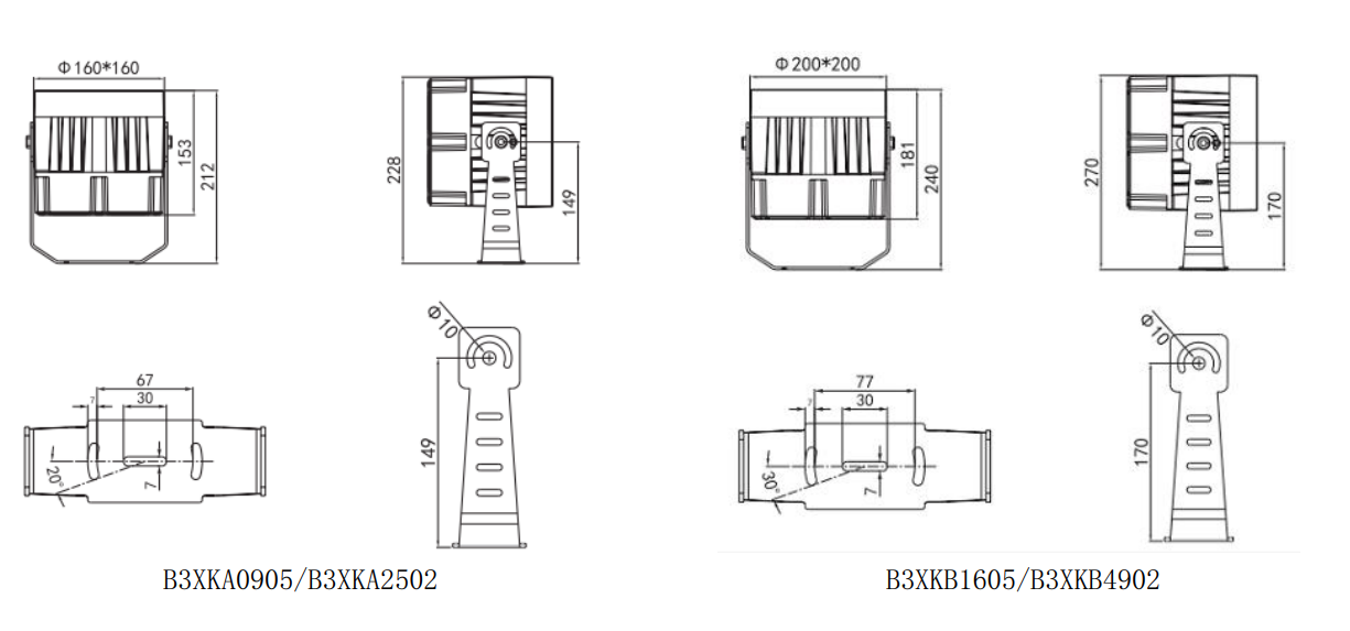 Dimensional Drawing for LED flood lights for outdoor lighting