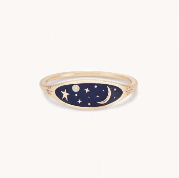 Buy cheap Handmade 18K Gold Plated Midnight Blue Enamel 925 Sterling Silver Round Brilliant CZ Stacking Ring for Girls from wholesalers