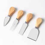 Oak Handle Pizza Wooden Cheese Knife Set Stainless Steel Four Piece